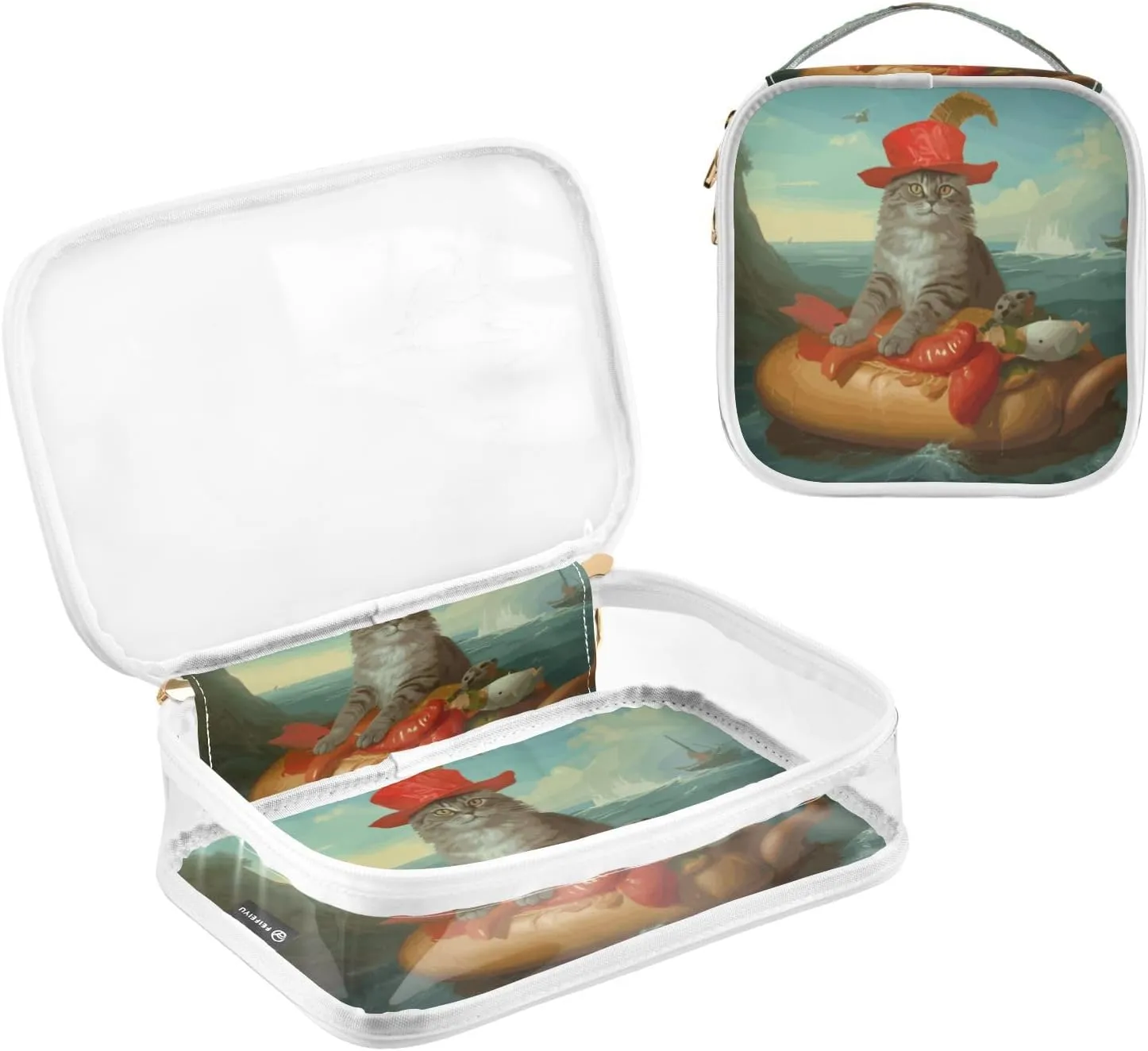 GAIGEO Navigator Cat Vintage Oil Painting Clear Makeup Bag Set, 2 Zipper Cosmetic Bag, Makeup Travel Bag for Women, 2 Pack