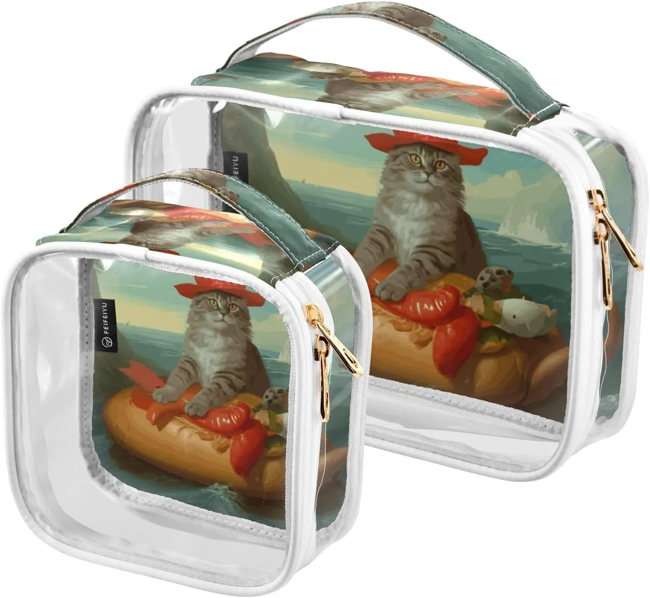 GAIGEO Navigator Cat Vintage Oil Painting Clear Makeup Bag Set, 2 Zipper Cosmetic Bag, Makeup Travel Bag for Women, 2 Pack