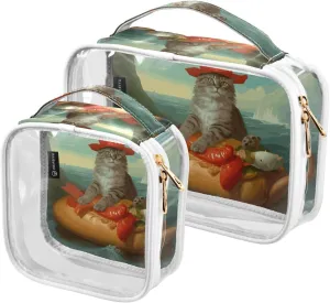 GAIGEO Navigator Cat Vintage Oil Painting Clear Makeup Bag Set, 2 Zipper Cosmetic Bag, Makeup Travel Bag for Women, 2 Pack