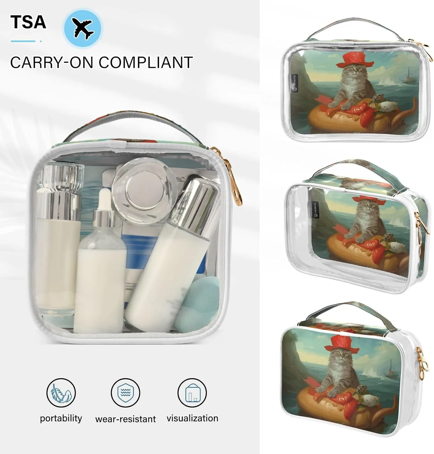 GAIGEO Navigator Cat Vintage Oil Painting Clear Makeup Bag Set, 2 Zipper Cosmetic Bag, Makeup Travel Bag for Women, 2 Pack