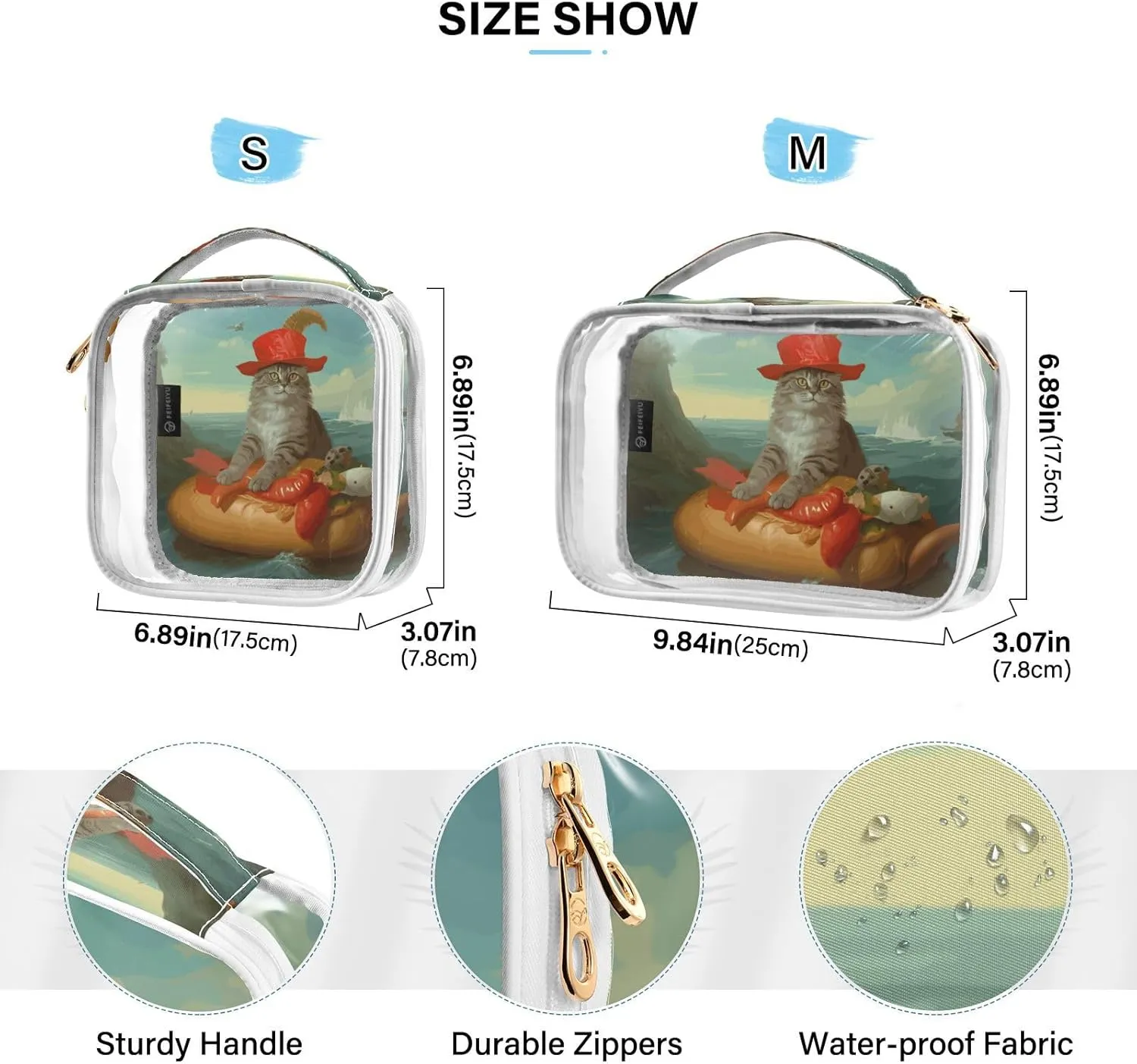 GAIGEO Navigator Cat Vintage Oil Painting Clear Makeup Bag Set, 2 Zipper Cosmetic Bag, Makeup Travel Bag for Women, 2 Pack