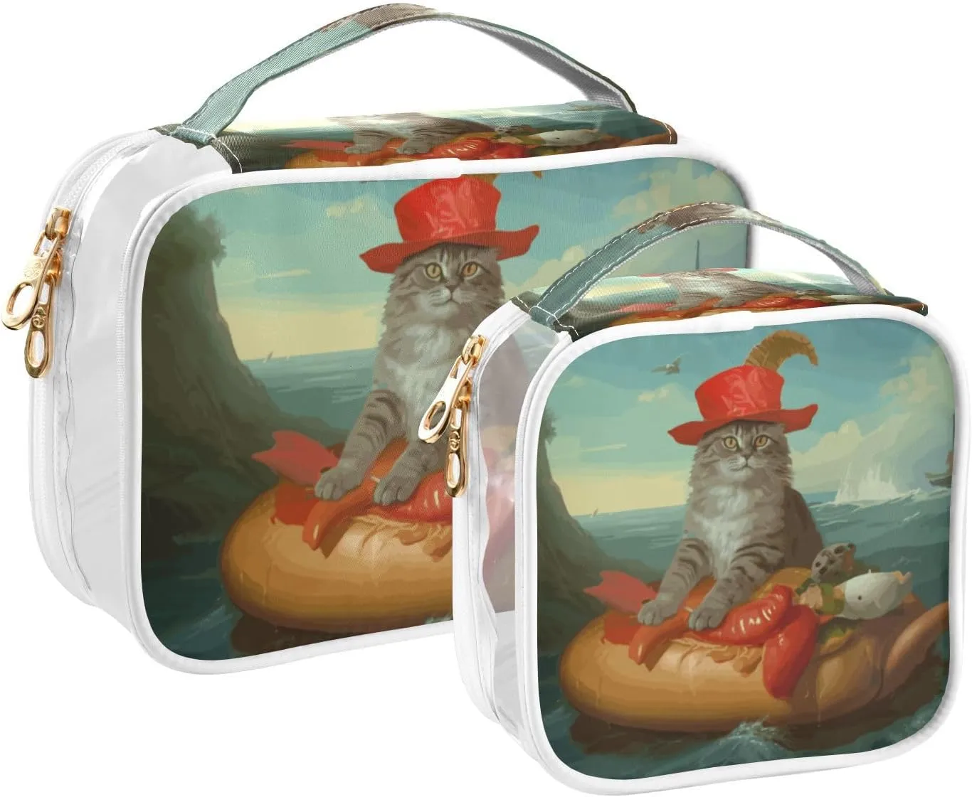 GAIGEO Navigator Cat Vintage Oil Painting Clear Makeup Bag Set, 2 Zipper Cosmetic Bag, Makeup Travel Bag for Women, 2 Pack