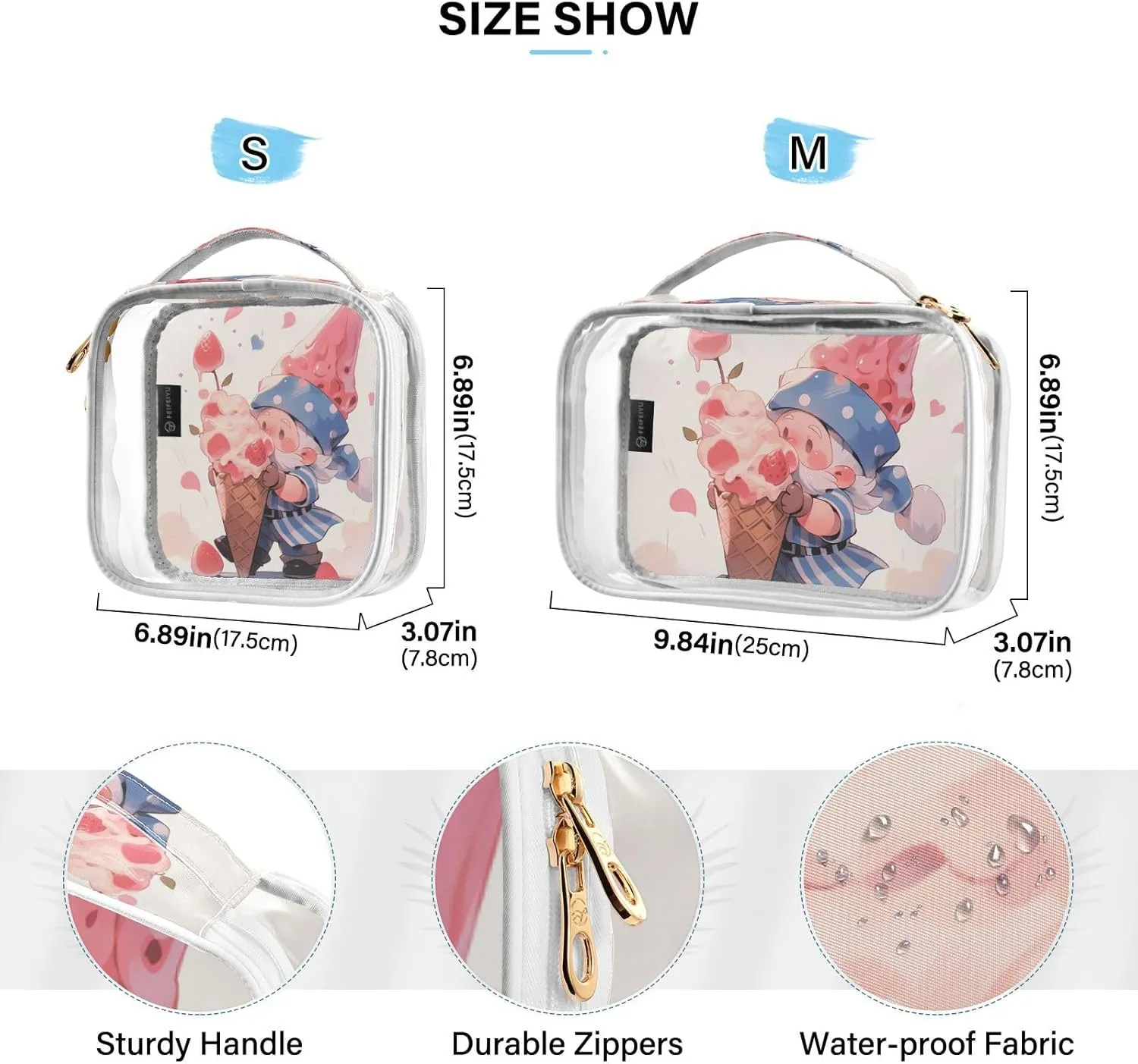 GAIGEO Red Ice Cream Elf Travel Transparent Bag, Toiletry Bag with Handle, Cosmetic Travel Accessories, 2 Pack