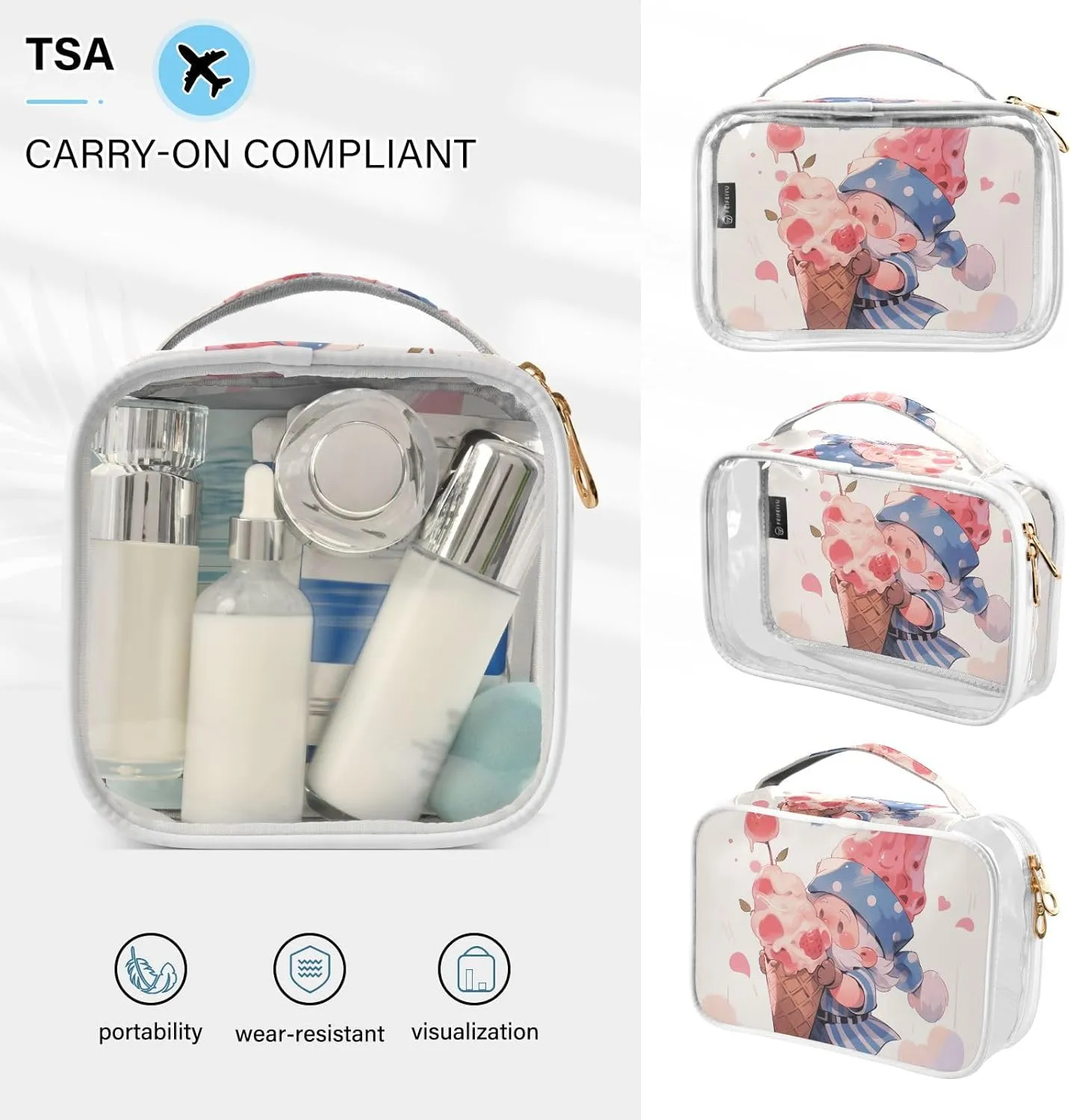 GAIGEO Red Ice Cream Elf Travel Transparent Bag, Toiletry Bag with Handle, Cosmetic Travel Accessories, 2 Pack
