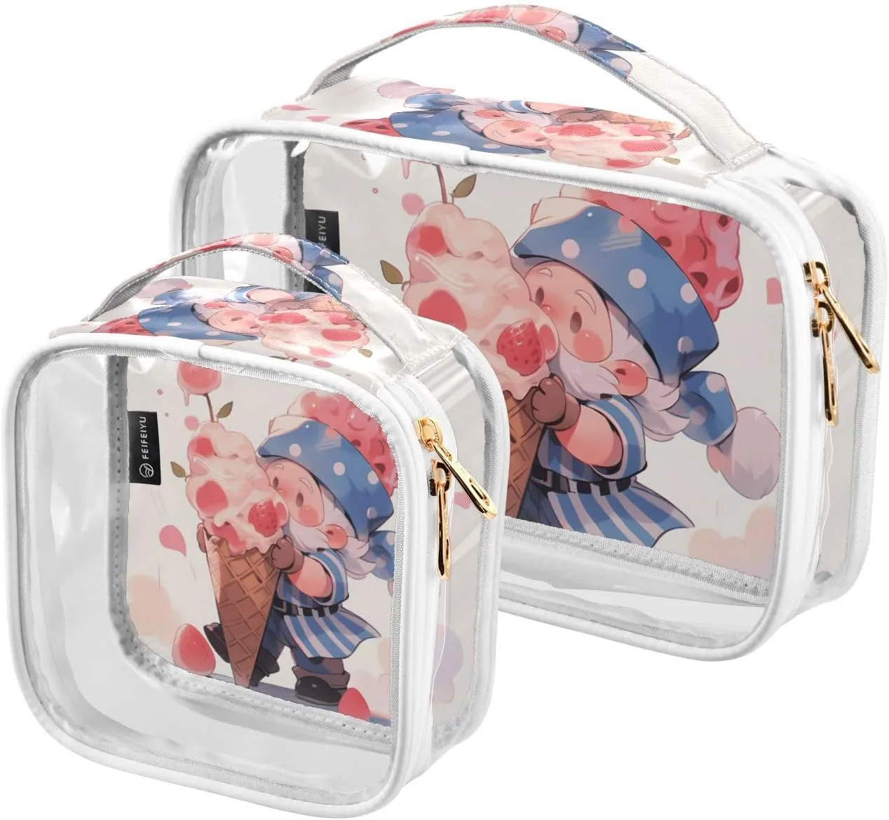 GAIGEO Red Ice Cream Elf Travel Transparent Bag, Toiletry Bag with Handle, Cosmetic Travel Accessories, 2 Pack
