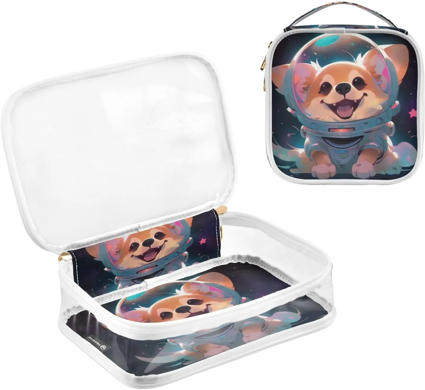 GAIGEO Starry Sky Cute PuppyHelmet 2 Pack Clear Toiletry Bag Set, Portable Cosmetic Bag with Handle, Bag for Cosmetics