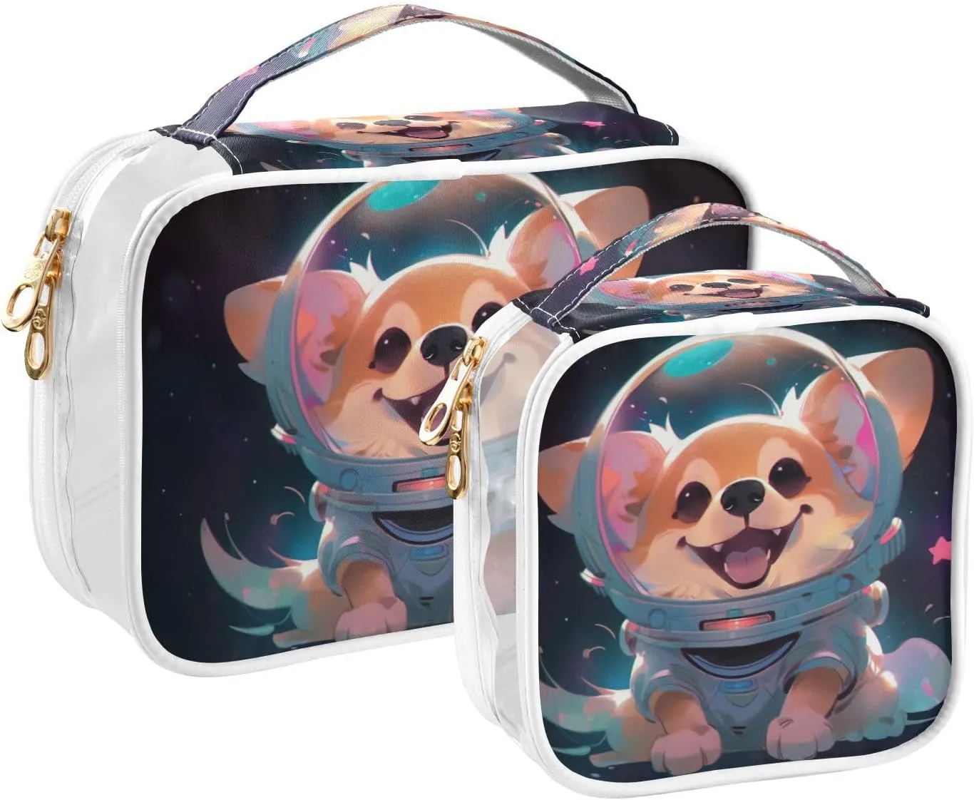 GAIGEO Starry Sky Cute PuppyHelmet 2 Pack Clear Toiletry Bag Set, Portable Cosmetic Bag with Handle, Bag for Cosmetics