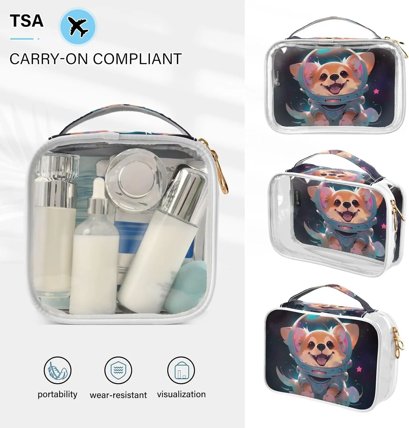 GAIGEO Starry Sky Cute PuppyHelmet 2 Pack Clear Toiletry Bag Set, Portable Cosmetic Bag with Handle, Bag for Cosmetics