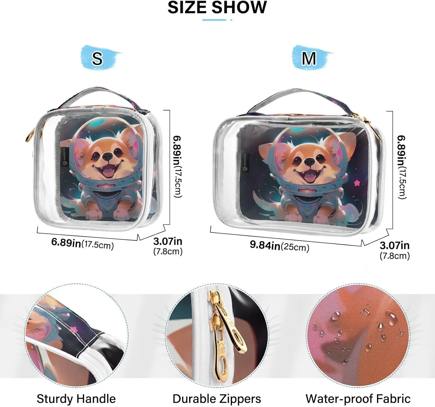 GAIGEO Starry Sky Cute PuppyHelmet 2 Pack Clear Toiletry Bag Set, Portable Cosmetic Bag with Handle, Bag for Cosmetics