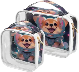 GAIGEO Starry Sky Cute PuppyHelmet 2 Pack Clear Toiletry Bag Set, Portable Cosmetic Bag with Handle, Bag for Cosmetics