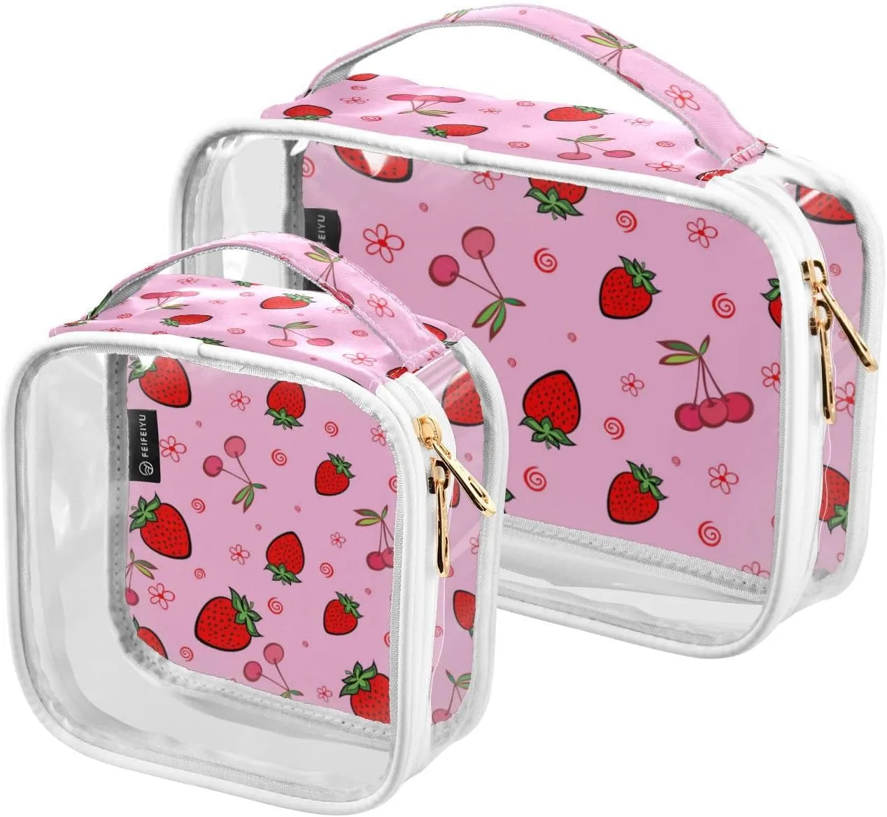 GAIGEO Strawberry Travel Transparent Bag, Cosmetics Bag Set, Womens Toiletries Bag, 2 Pack