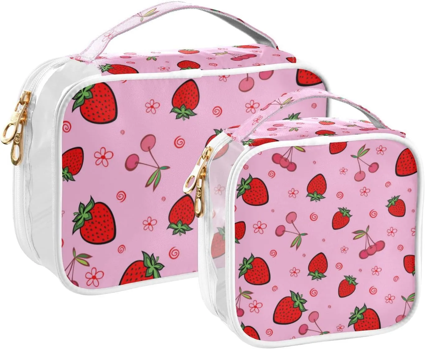 GAIGEO Strawberry Travel Transparent Bag, Cosmetics Bag Set, Womens Toiletries Bag, 2 Pack