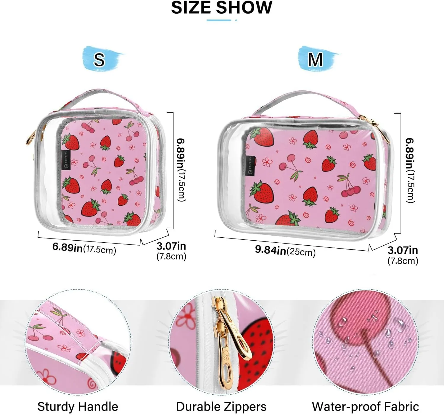 GAIGEO Strawberry Travel Transparent Bag, Cosmetics Bag Set, Womens Toiletries Bag, 2 Pack