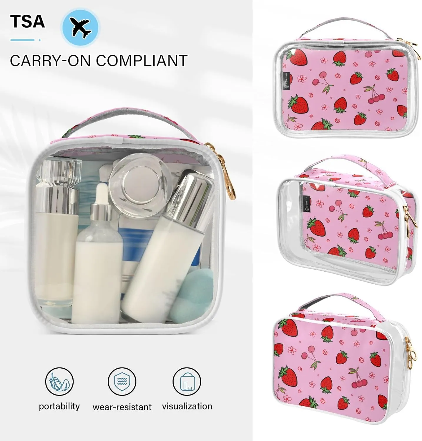 GAIGEO Strawberry Travel Transparent Bag, Cosmetics Bag Set, Womens Toiletries Bag, 2 Pack