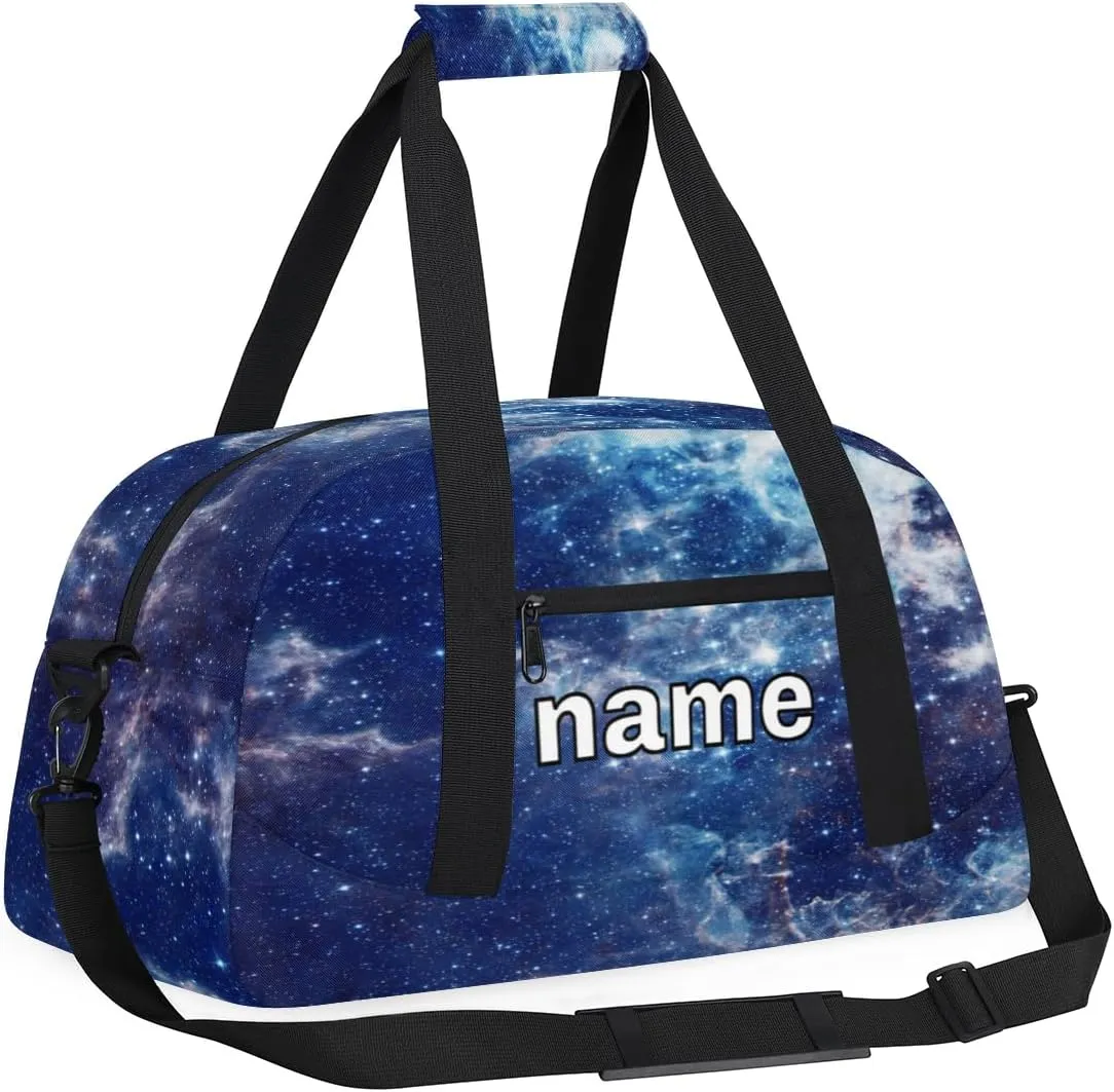Galaxy Cosmos Stars Custom Name Kids Gym Duffel Bag for Little Boys, Personalized Sport Duffle Practice Bag Teen Travel Weekender Overnight Carry On Bag, Customized Kids Gifts