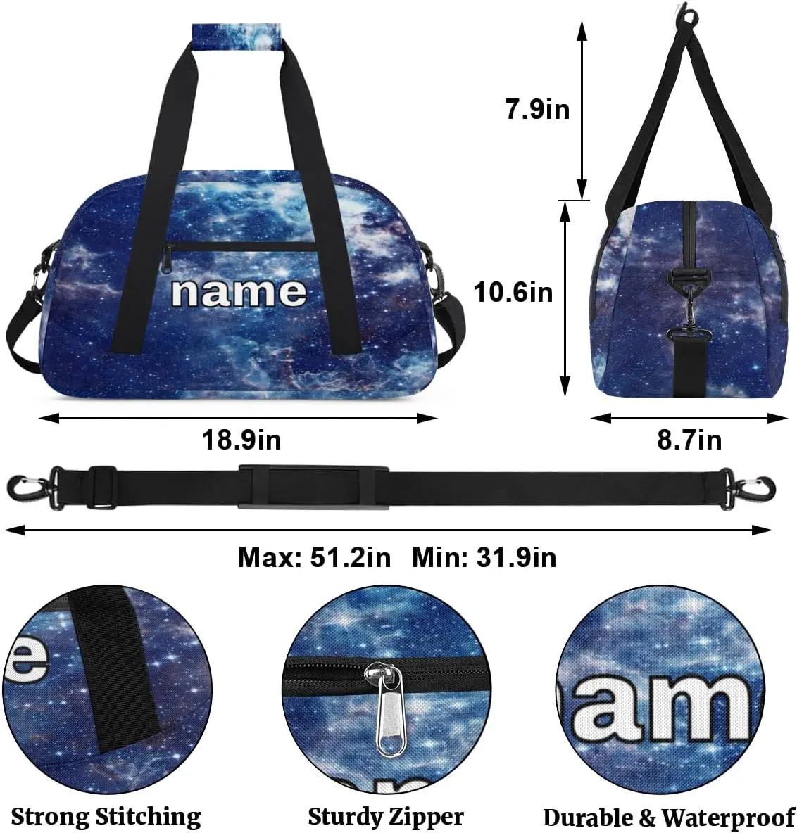 Galaxy Cosmos Stars Custom Name Kids Gym Duffel Bag for Little Boys, Personalized Sport Duffle Practice Bag Teen Travel Weekender Overnight Carry On Bag, Customized Kids Gifts