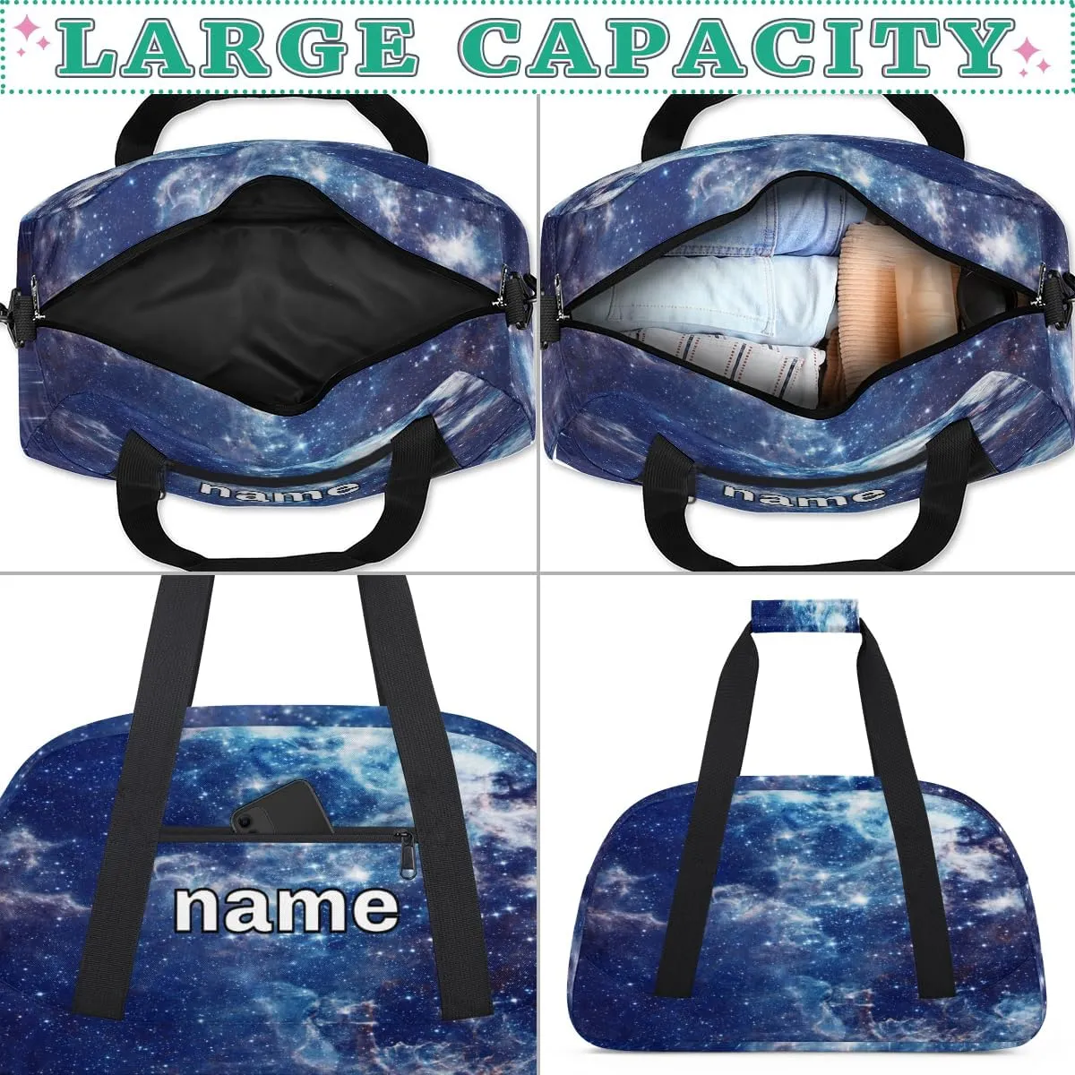Galaxy Cosmos Stars Custom Name Kids Gym Duffel Bag for Little Boys, Personalized Sport Duffle Practice Bag Teen Travel Weekender Overnight Carry On Bag, Customized Kids Gifts