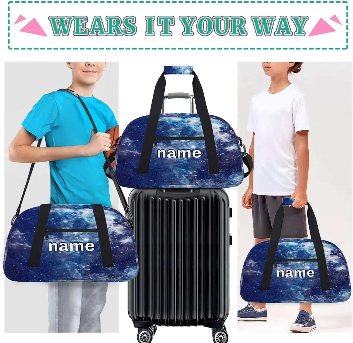 Galaxy Cosmos Stars Custom Name Kids Gym Duffel Bag for Little Boys, Personalized Sport Duffle Practice Bag Teen Travel Weekender Overnight Carry On Bag, Customized Kids Gifts