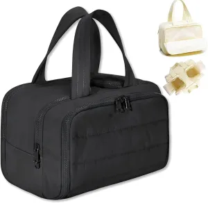 GDSAFS Cureaway Travel Cosmetic Bag, Large Capacity Wide-Open Travel Cosmetic Bag, 4-In-1 Puffy flat toiletry Bag for Women with Divider and Handle, Lightweight Waterproof (Black)