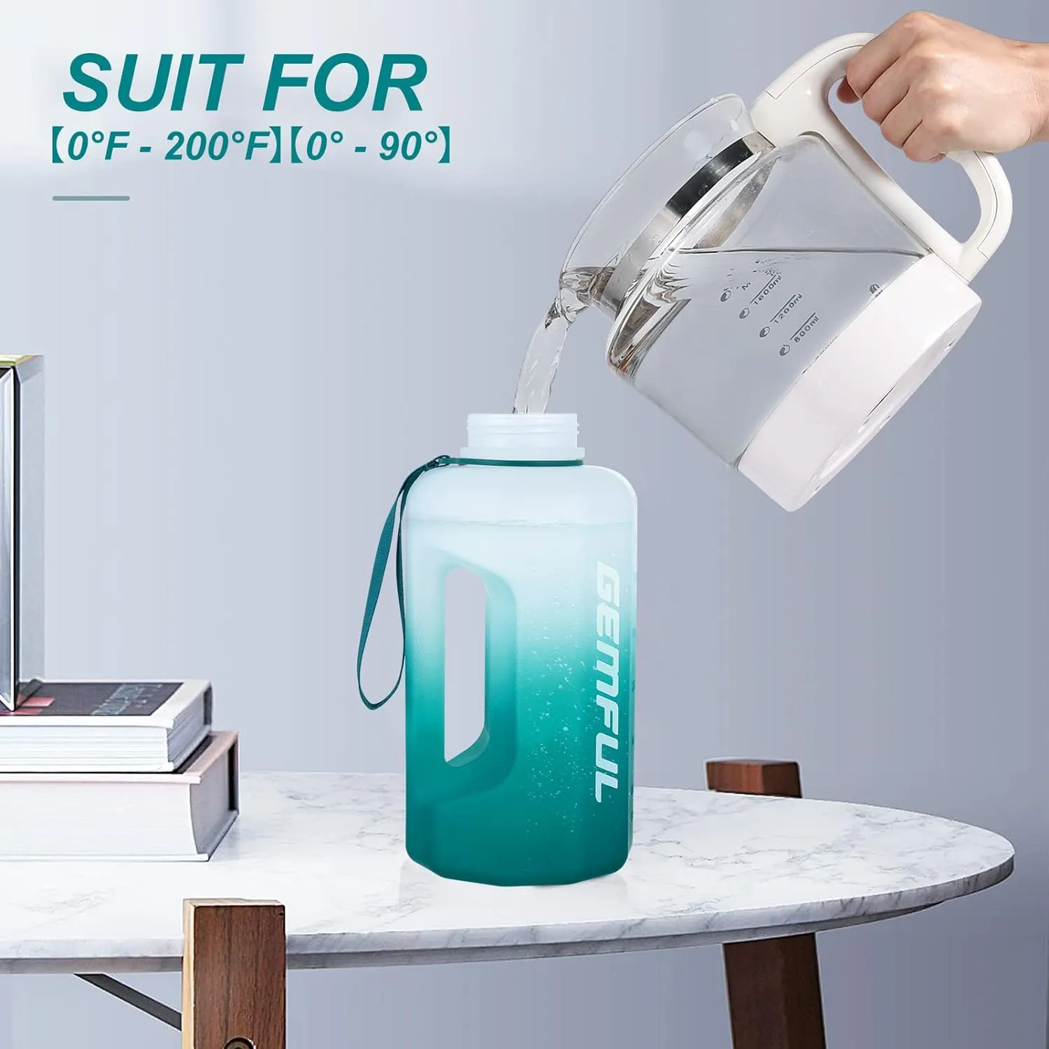 GEMFUL 2.2L Gym Water Bottle with Strap Half Gallon Motivational Jug for Workout Outdoor BPA-Free Leakproof Sports Bottle 74oz (Cyan no Straw)