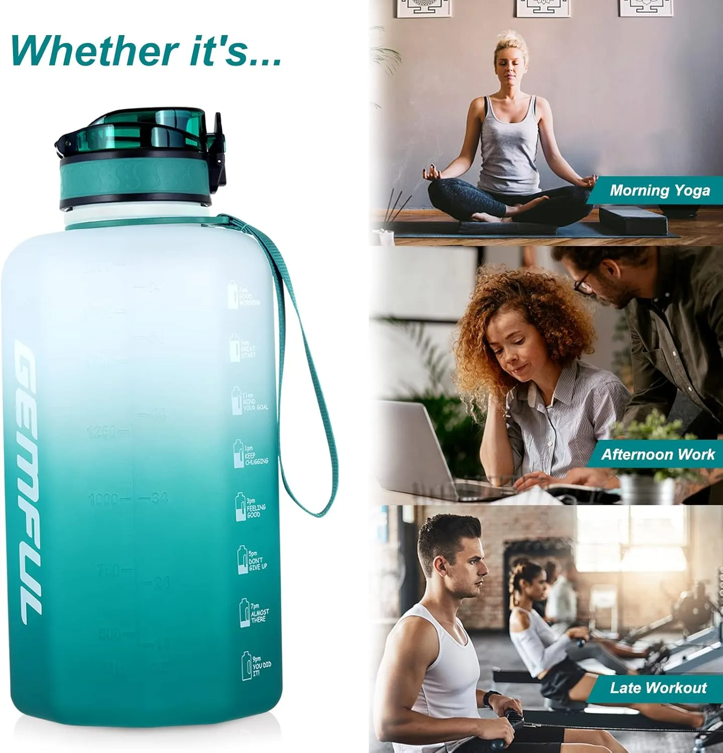 GEMFUL 2.2L Gym Water Bottle with Strap Half Gallon Motivational Jug for Workout Outdoor BPA-Free Leakproof Sports Bottle 74oz (Cyan no Straw)