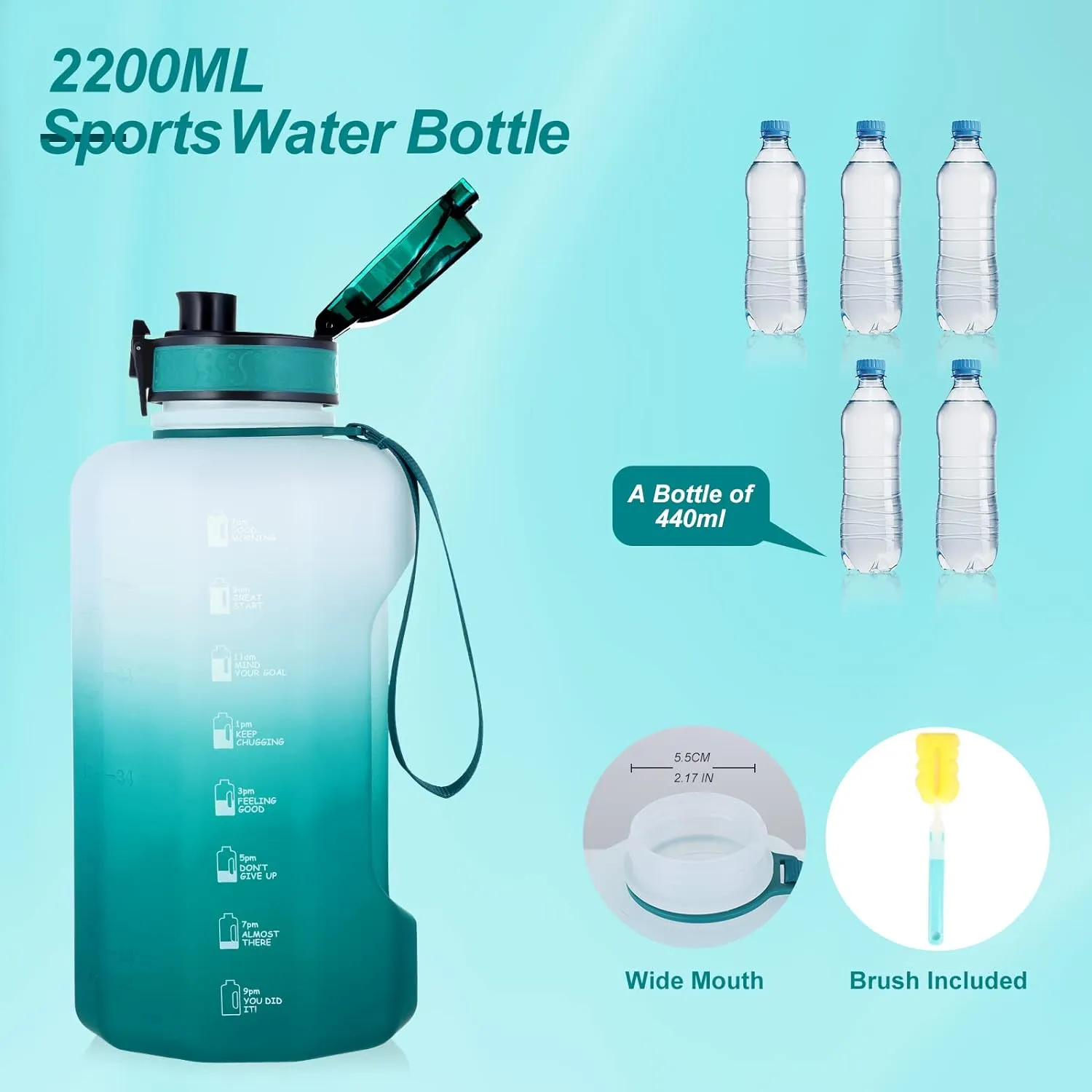 GEMFUL 2.2L Gym Water Bottle with Strap Half Gallon Motivational Jug for Workout Outdoor BPA-Free Leakproof Sports Bottle 74oz (Cyan no Straw)