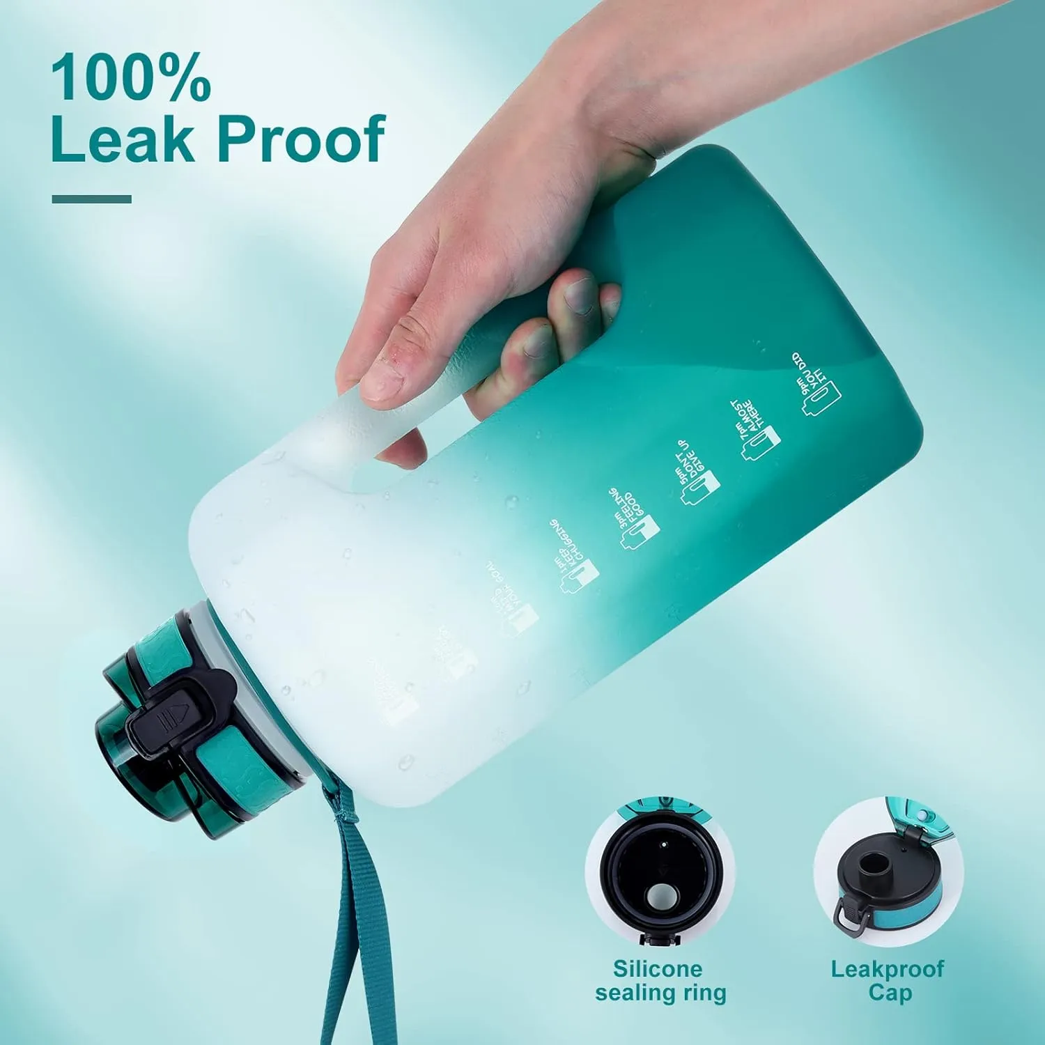 GEMFUL 2.2L Gym Water Bottle with Strap Half Gallon Motivational Jug for Workout Outdoor BPA-Free Leakproof Sports Bottle 74oz (Cyan no Straw)