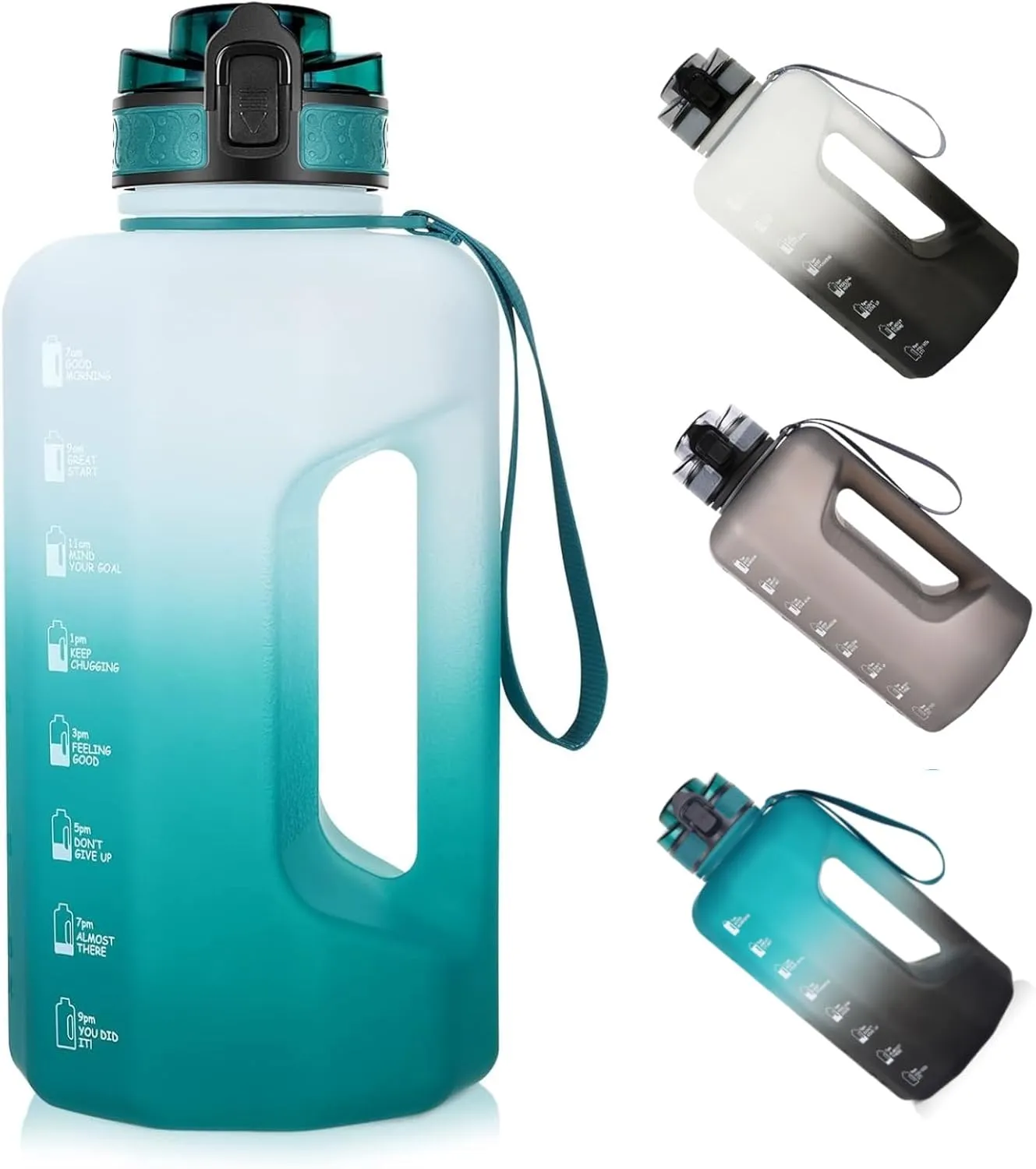 GEMFUL 2.2L Gym Water Bottle with Strap Half Gallon Motivational Jug for Workout Outdoor BPA-Free Leakproof Sports Bottle 74oz (Cyan no Straw)