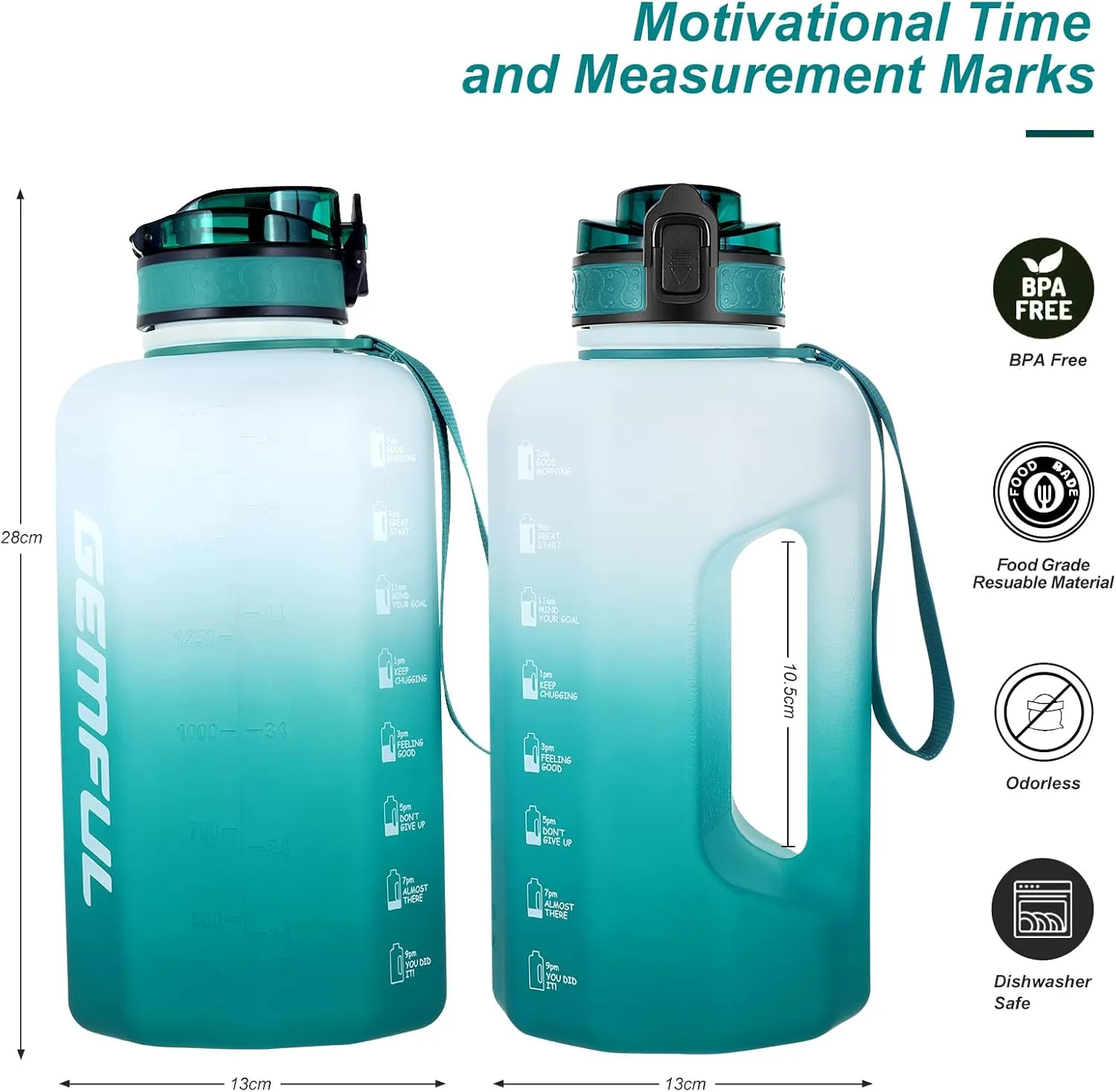 GEMFUL 2.2L Gym Water Bottle with Strap Half Gallon Motivational Jug for Workout Outdoor BPA-Free Leakproof Sports Bottle 74oz (Cyan no Straw)