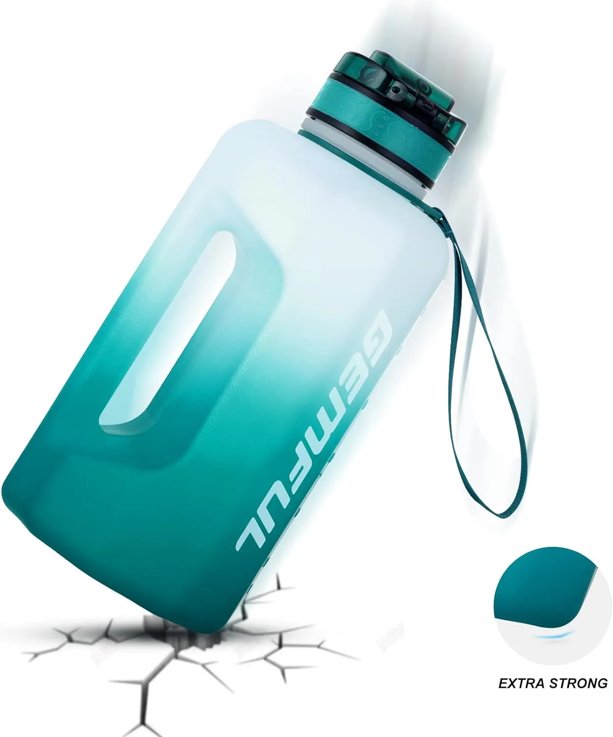 GEMFUL 2.2L Gym Water Bottle with Strap Half Gallon Motivational Jug for Workout Outdoor BPA-Free Leakproof Sports Bottle 74oz (Cyan no Straw)