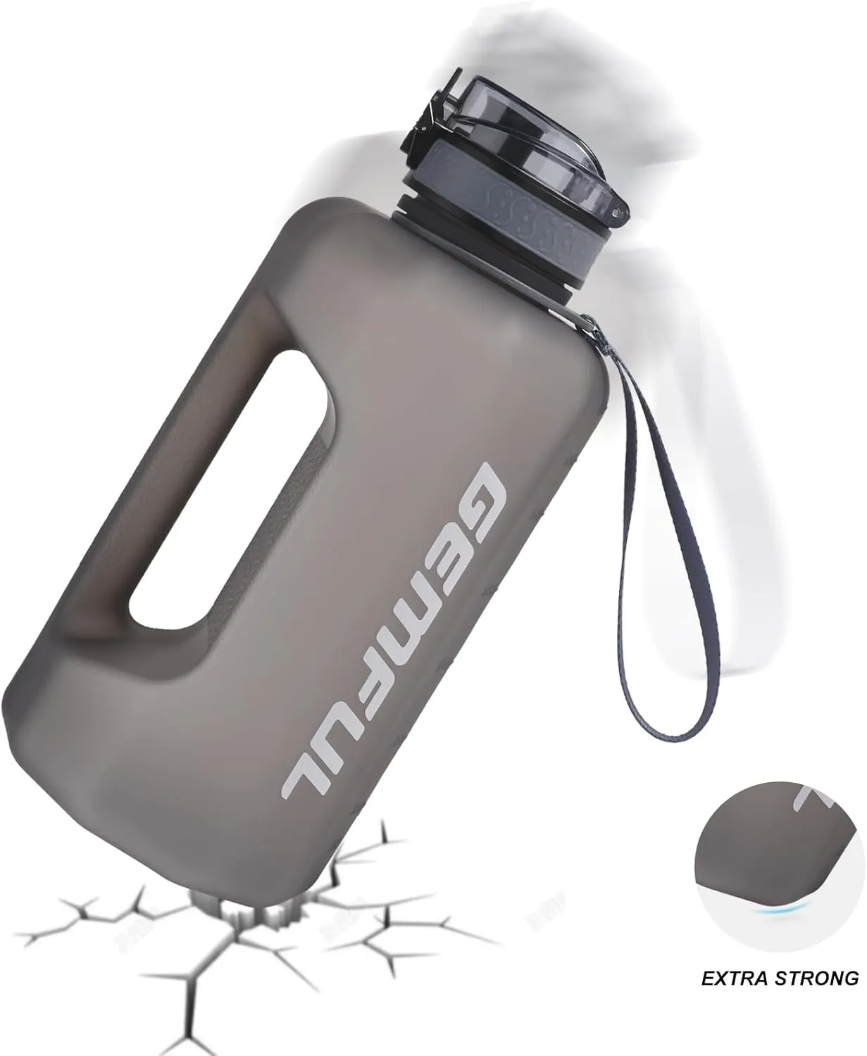 GEMFUL 74oz Water Bottle with Handle Half Gallon BPA-Free Sports Jug for Gym Hiking Travel 2.2L Large Capacity Leak Proof Easy Carry (Grey no Straw)