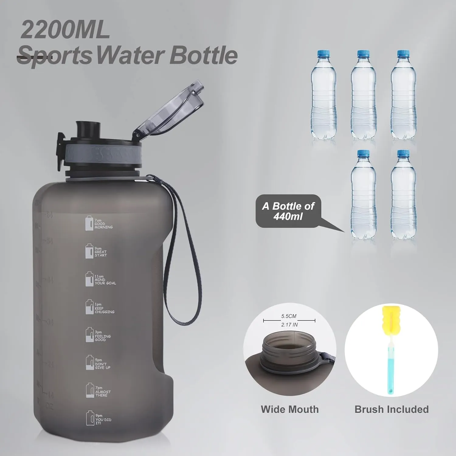 GEMFUL 74oz Water Bottle with Handle Half Gallon BPA-Free Sports Jug for Gym Hiking Travel 2.2L Large Capacity Leak Proof Easy Carry (Grey no Straw)