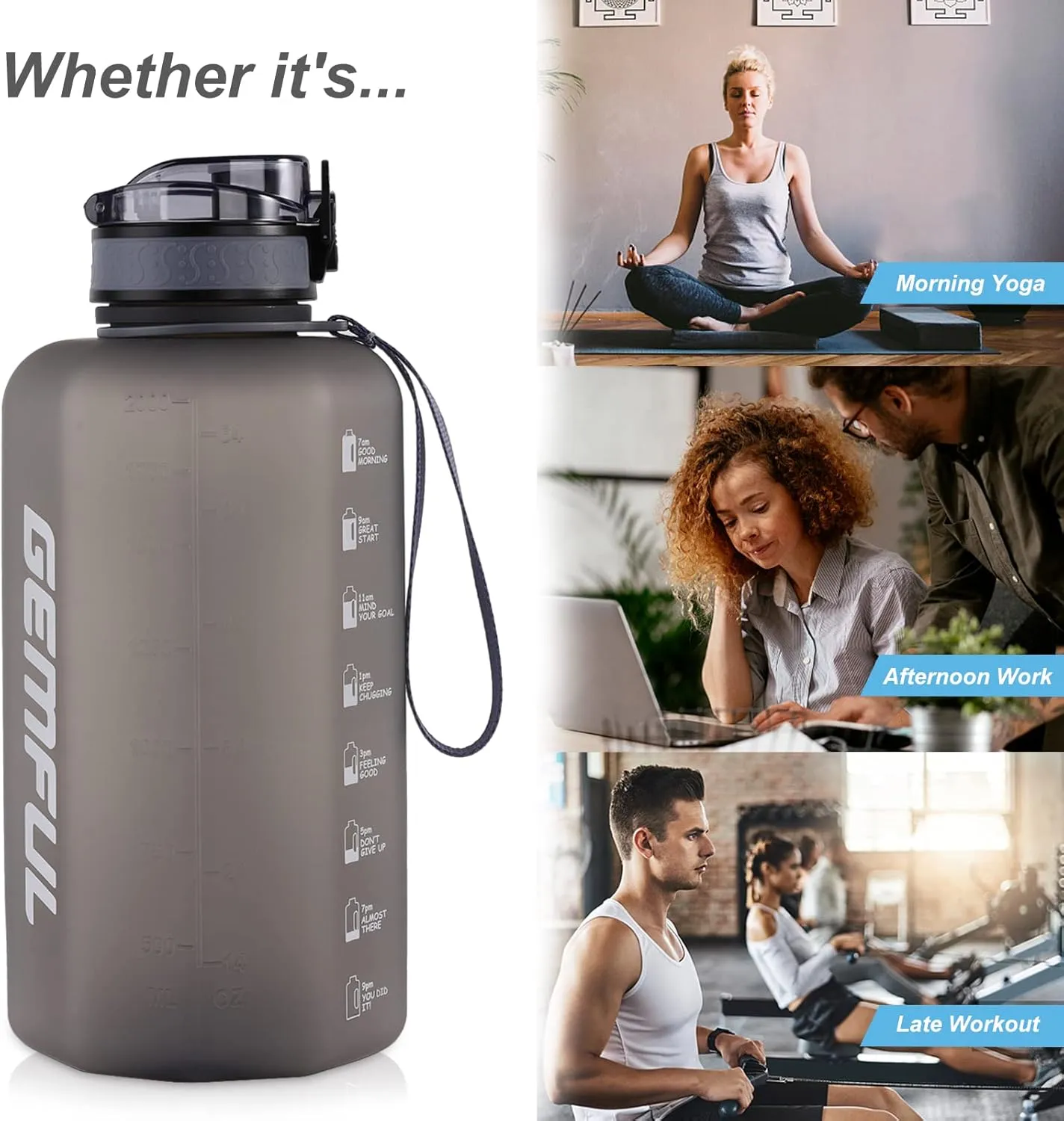 GEMFUL 74oz Water Bottle with Handle Half Gallon BPA-Free Sports Jug for Gym Hiking Travel 2.2L Large Capacity Leak Proof Easy Carry (Grey no Straw)