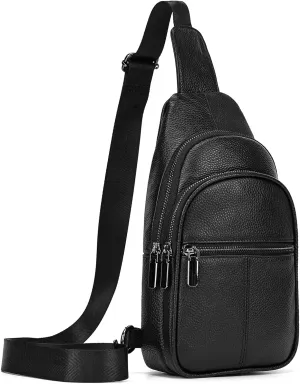 Genuine Leather Chest Bag for Men Women Cross Body Sling Shoulder Messenger Bag with Multiple Pockets for Travel Hiking Outdoor, Black
