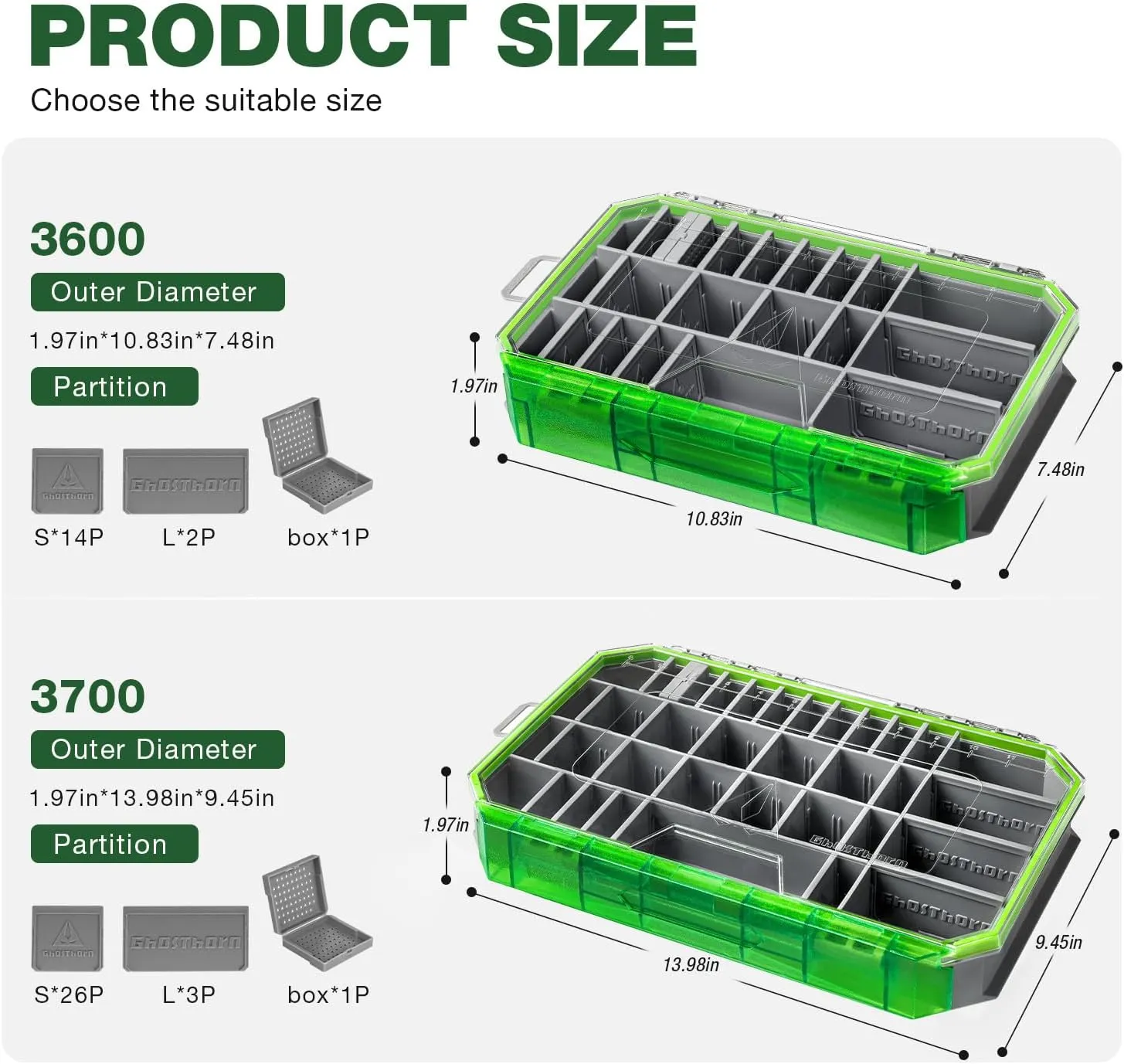 Ghosthor Fishing Tackle Box, Waterproof 3600 and 3700 Tackle Trays, Plastic Tackle Box Organizer with Removable Dividers, Storage Lure Box and Terminal Tackle Storage