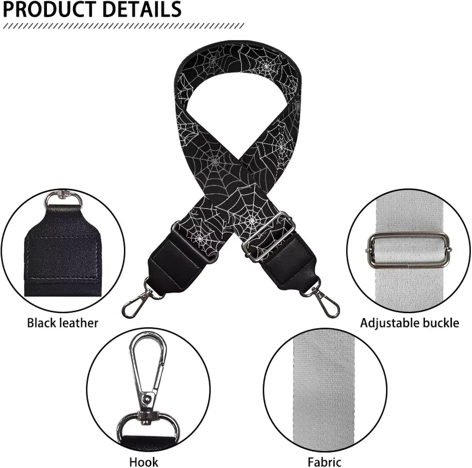 GIFTPUZZ Halloween Purse Strap Spider Web Replacement Crossbody Strap for Woman Bag Black Adjustable Wide Strap for Shoulder Bag Handbag