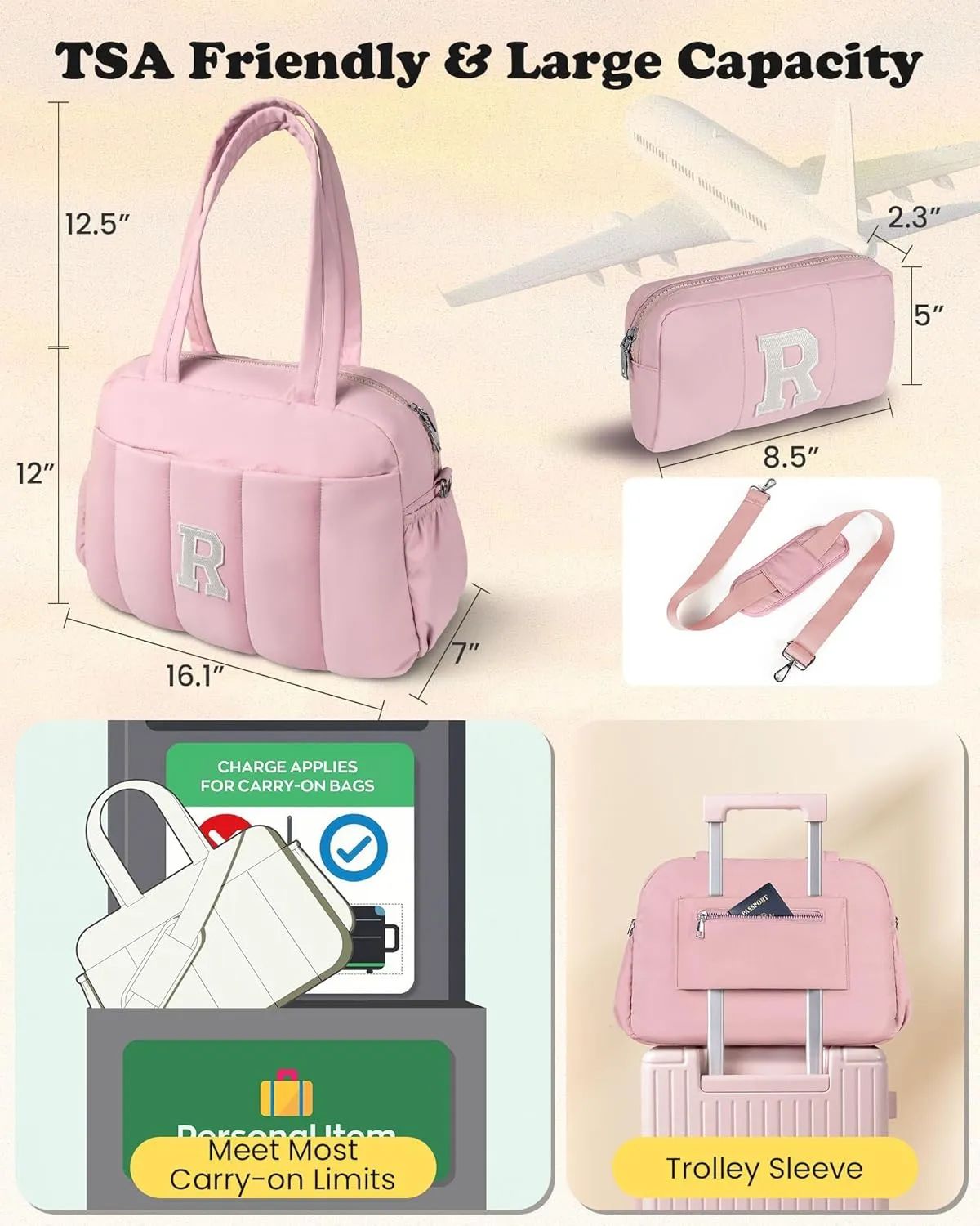 Gifts for Graduates-Gifts for Women 20s, Initial Duffel Bags, Personalized Weekender Bags, Monogram Overnight Bag for Women, Travel Bag with Makeup Pouch, Teacher Gifts (Letter S)