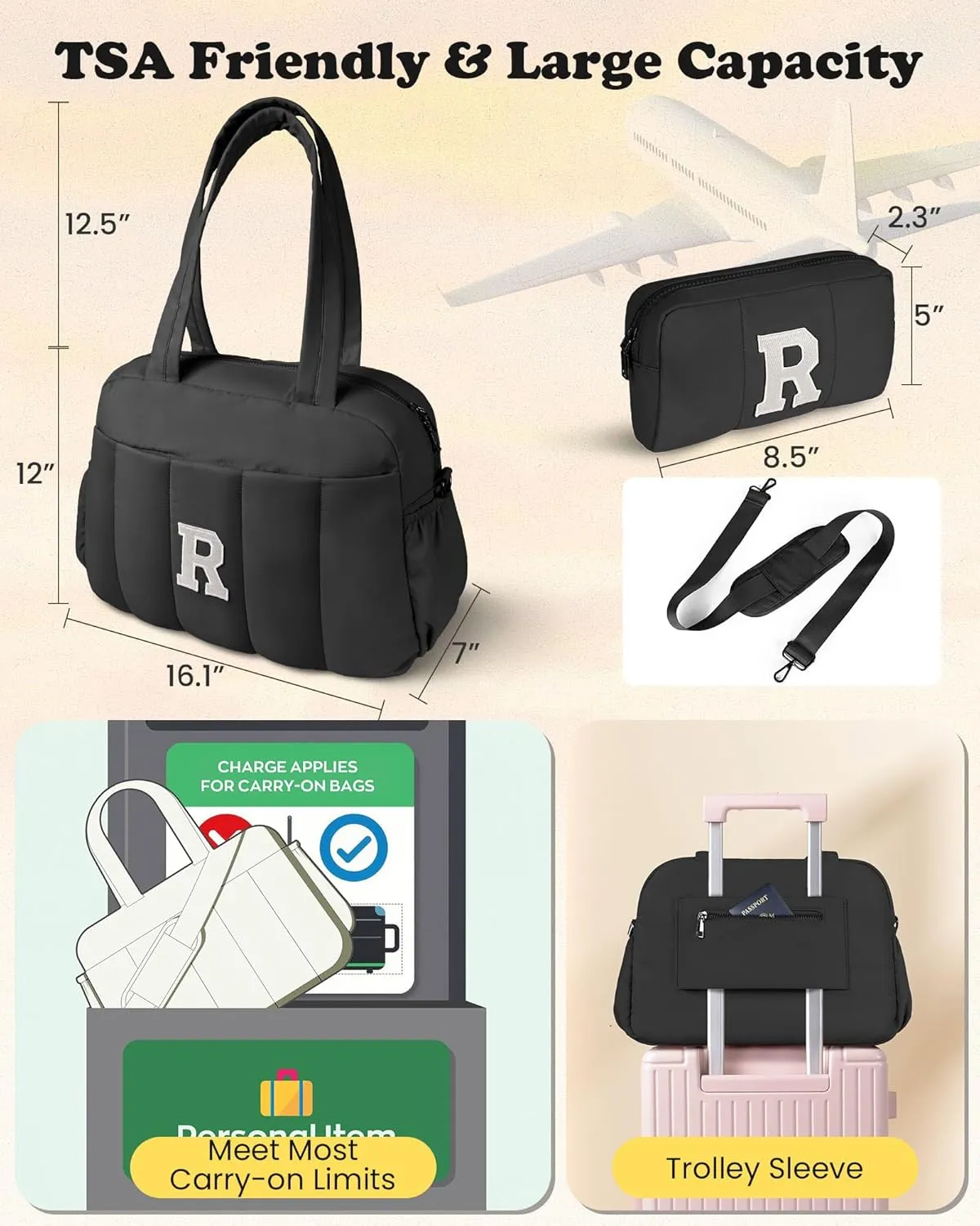 Gifts for Women 20s Bridal Shower Gifts, Initial Woman Duffel Bag, Personalized Weekender Bag, Monogram Overnight Bag for Women, Kids Travel Bag with Makeup Bag, Granddaughter Gift (Letter S)
