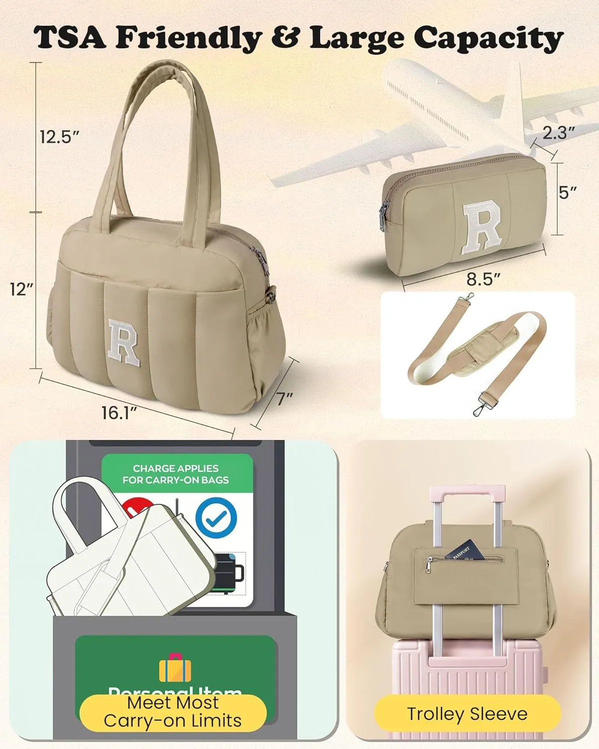 Gifts for Women 20s, Initial Duffel Bag, Personalized Weekender Bag, Monogram Overnight Bag for Women, Travel Bag with Makeup Bag, Granddaughter Sister Kids Gift for Travel (Letter S)