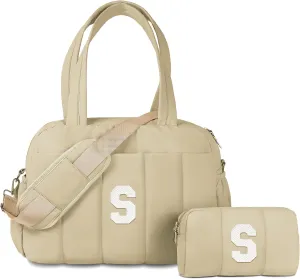 Gifts for Women 20s, Initial Duffel Bag, Personalized Weekender Bag, Monogram Overnight Bag for Women, Travel Bag with Makeup Bag, Granddaughter Sister Kids Gift for Travel (Letter S)