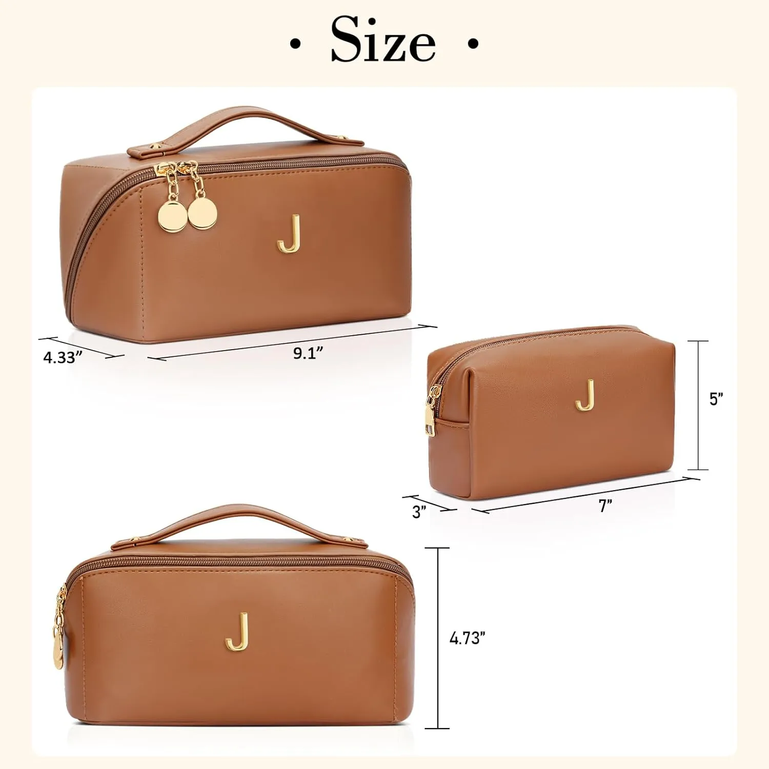 Gifts for Women, Bridesmaid Graduation Teacher Gifts, Initial Makeup Bag Set, Open Flat Travel Cosmetic Bag With Clear Divider and Handle(Brown,J)