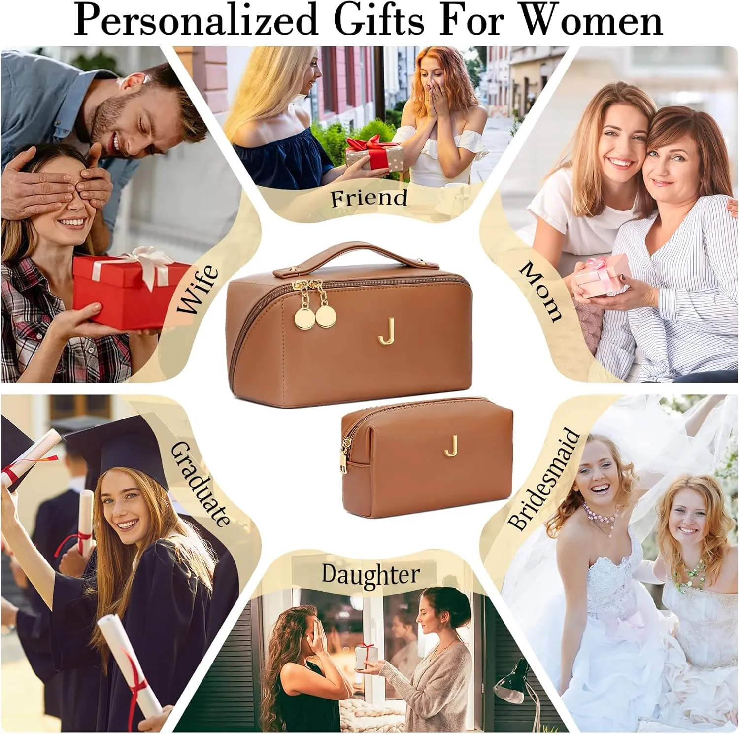 Gifts for Women, Bridesmaid Graduation Teacher Gifts, Initial Makeup Bag Set, Open Flat Travel Cosmetic Bag With Clear Divider and Handle(Brown,J)