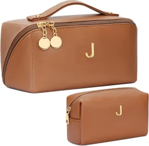 Gifts for Women, Bridesmaid Graduation Teacher Gifts, Initial Makeup Bag Set, Open Flat Travel Cosmetic Bag With Clear Divider and Handle(Brown,J)