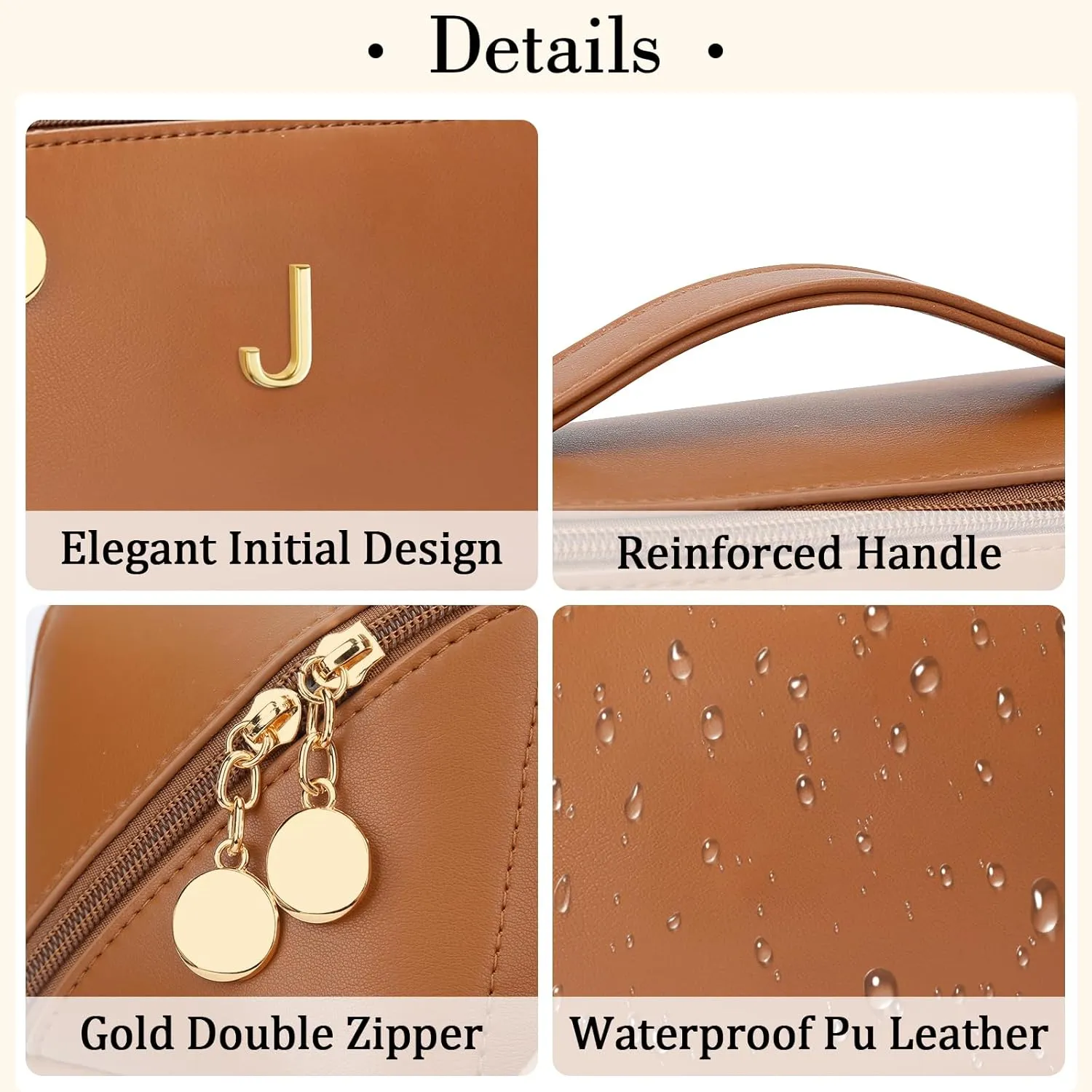 Gifts for Women, Bridesmaid Graduation Teacher Gifts, Initial Makeup Bag Set, Open Flat Travel Cosmetic Bag With Clear Divider and Handle(Brown,J)