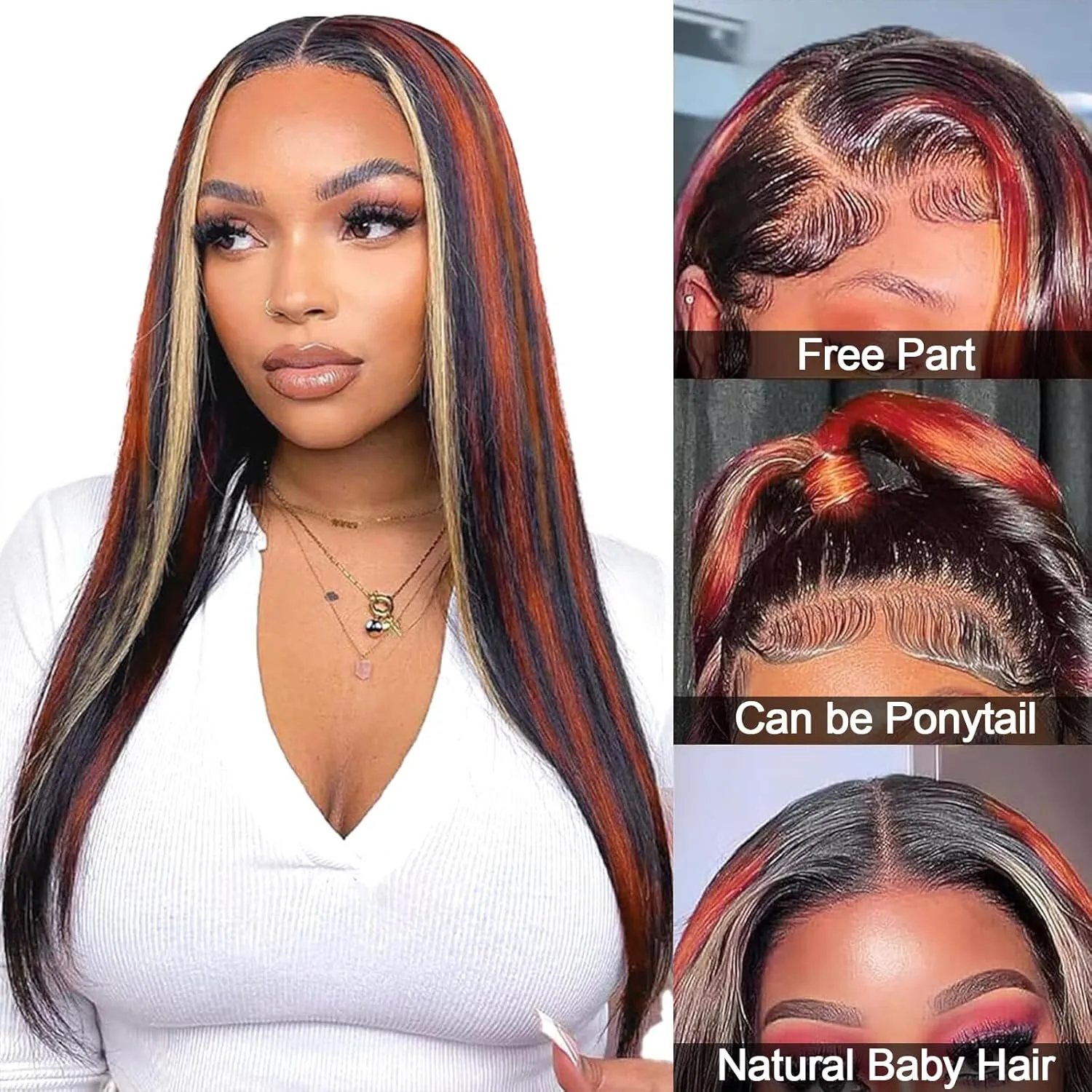 Ginger Blonde Highlight Lace Front Wigs Human Hair Skunk Stripe 13x4 Lace Frontal Wig Straight Black Ginger and Blonde Ombre Colored Wigs Glueluess Human Hair 20 Inch 180% Density Pre Plucked