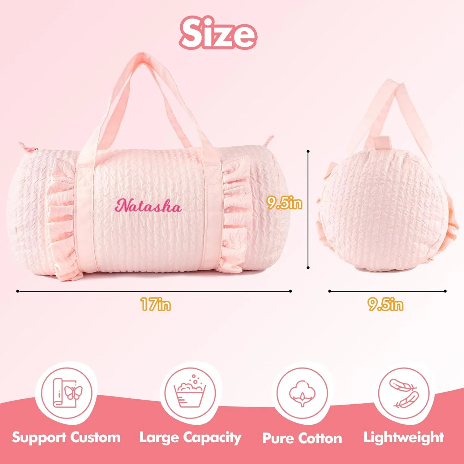 Girls Ruffle Duffle Bag Personalized Seersucker Ballet Dance Bag for Girls Custom Overnight Duffle with Name for Baby Toddler Weekender Travel
