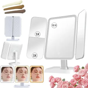 Glisera Makeup Mirror, 2025 New Glisera Smart Mirror, Makeup Mirror with Lights and Magnification, Glisera Smart Mirror Vanity, 3 Color LED Trifold Makeup Mirror 180 ° Rotation (White,1*PC)