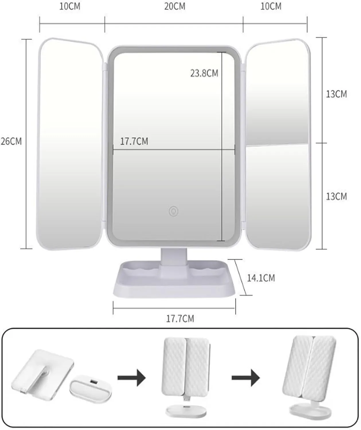 Glisera Smart Mirror, Glisera Mirror, Glisera Smart Mirror Vanity, 1X/2X/3X Magnification and Touch Screen Dimming, Folding Three-Sided Makeup Mirror 180 ° Rotation,Portable Travel Cosmetic Mirror (C)