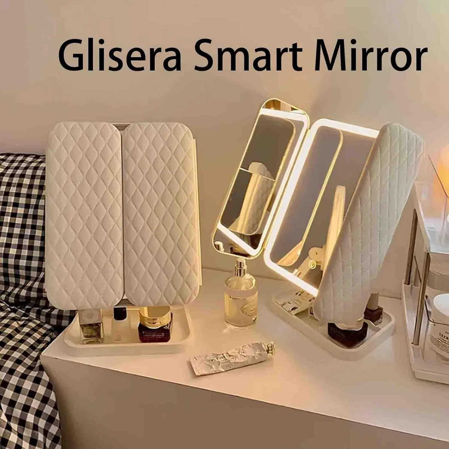 Glisera Smart Mirror, Trifold Vanity Mirror, 180 Rotation, 3 Color Makeup Mirror with Lights and Magnification, Tabletop Mount, Modern Style