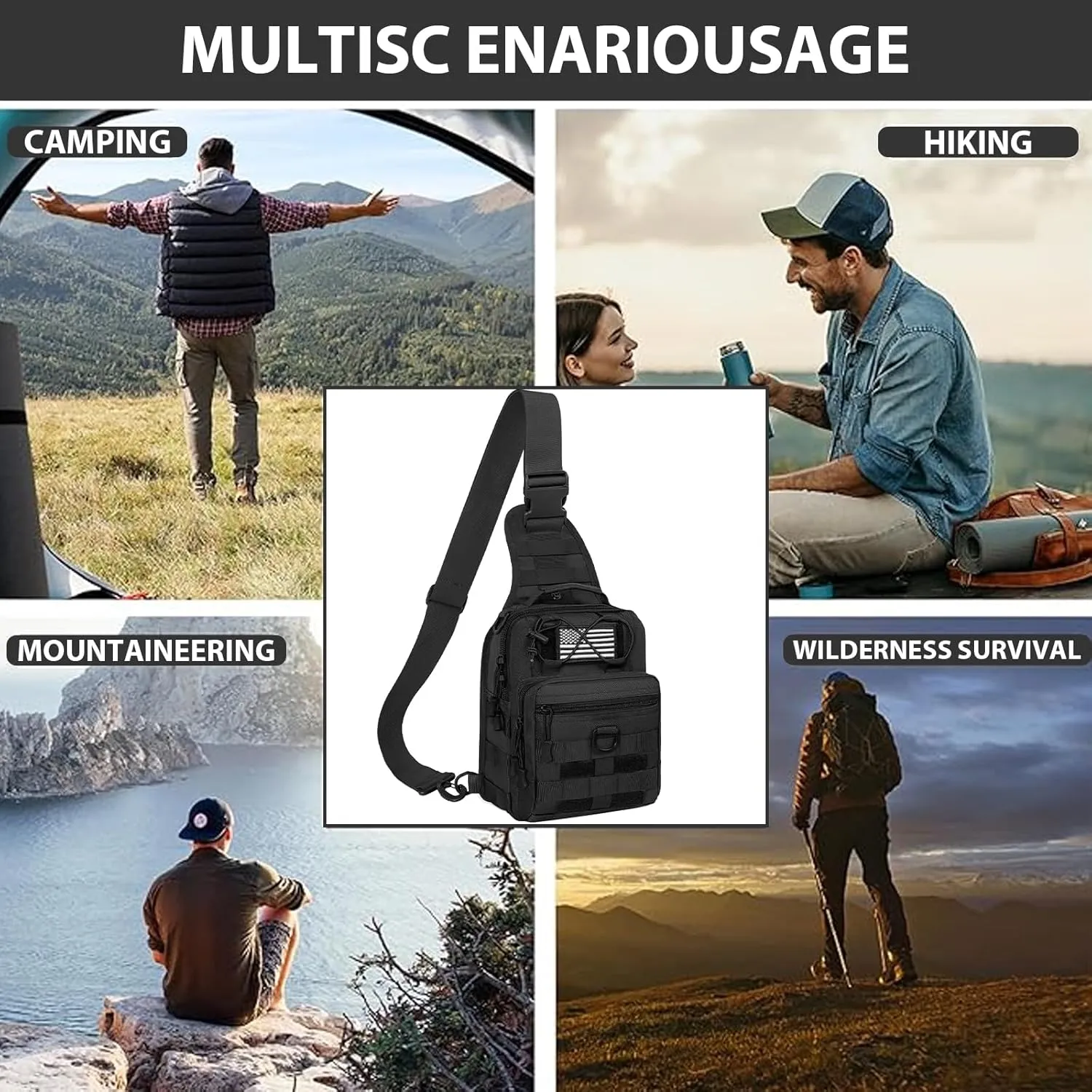 GMAK Tactical Sling Bag for Men, Small Tactical Shoulder Bag Backpack, Outdoor Military Rover Bags Travel Hiking Daypacks, Tactical EDC Crossbody Chest Bag Pack for Hiking, Cycling, Hunting, Black